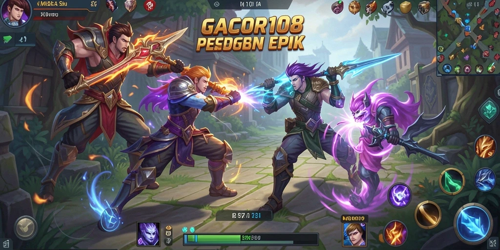 Tangkapan layar GACOR108 menampilkan aksi pertempuran MOBA yang seru.